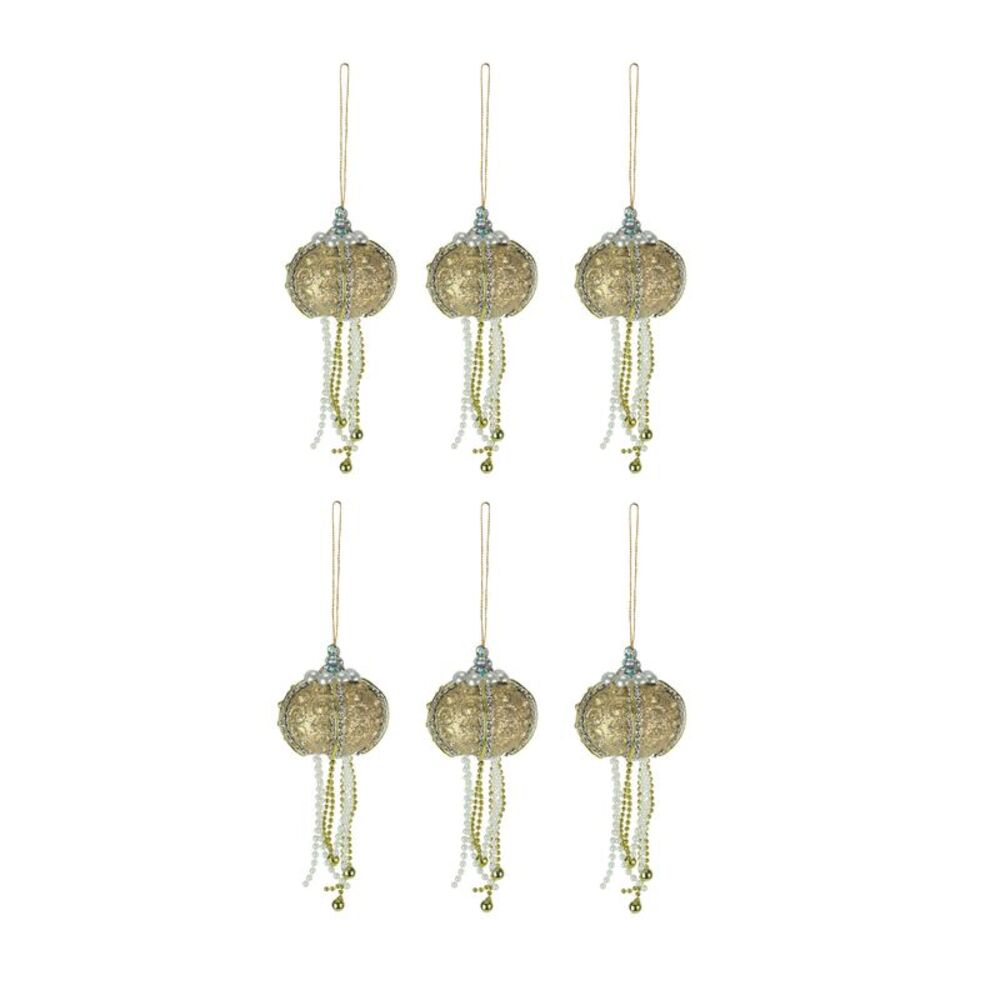 Set of 6 Elegant Golden Sea Urchin Shell Hanging Ornaments Beaded Accents